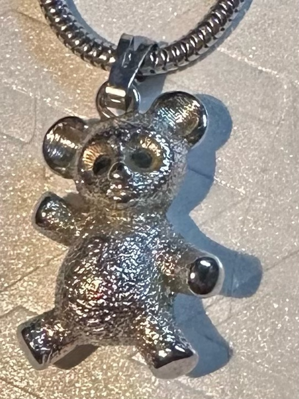 Vintage MONET Silvertone Teddy Bear 3/4” Pendant with 18” Necklace